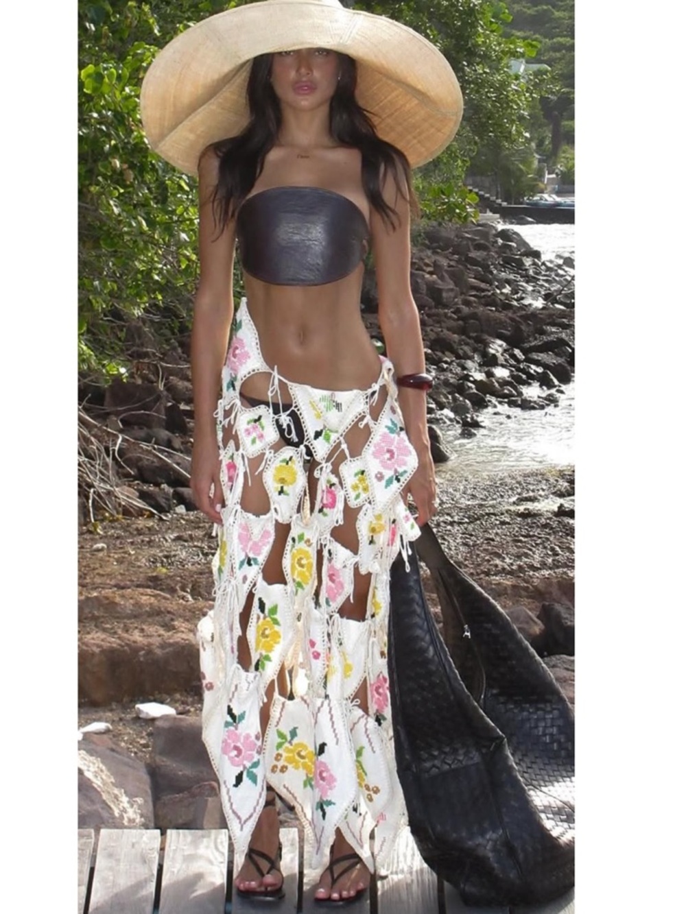 Floral Maxi Beach Skirt - White with Pink & Yellow Flowers